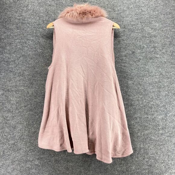 Questions Vest Women S/M Pink Knit Open Front Sleeveless Fur Trim Casual Solid - Picture 2 of 10